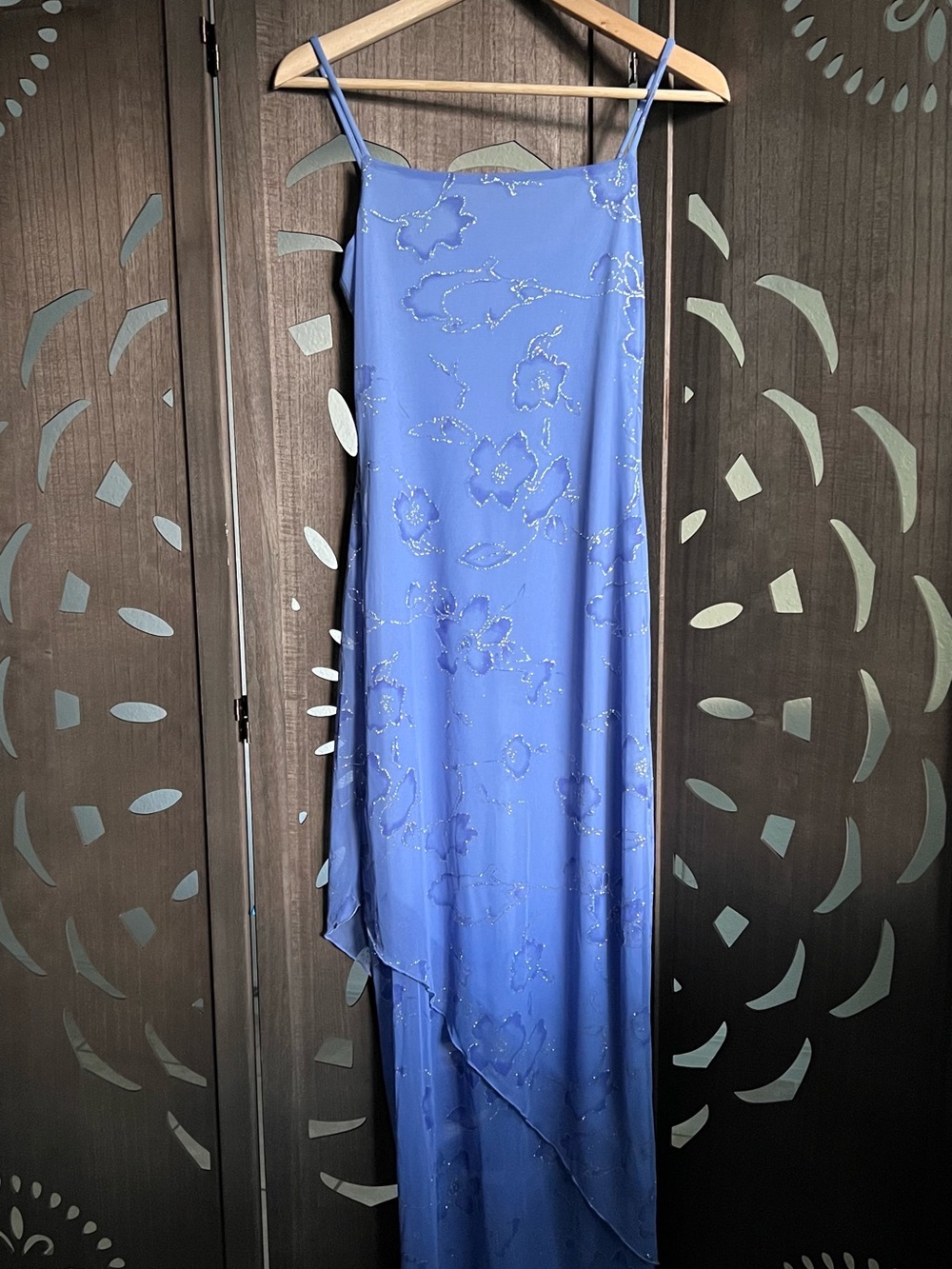 My Michelle Periwinkle Blue Floral Sequin Asymmetric Slip Wedding Guest Dress